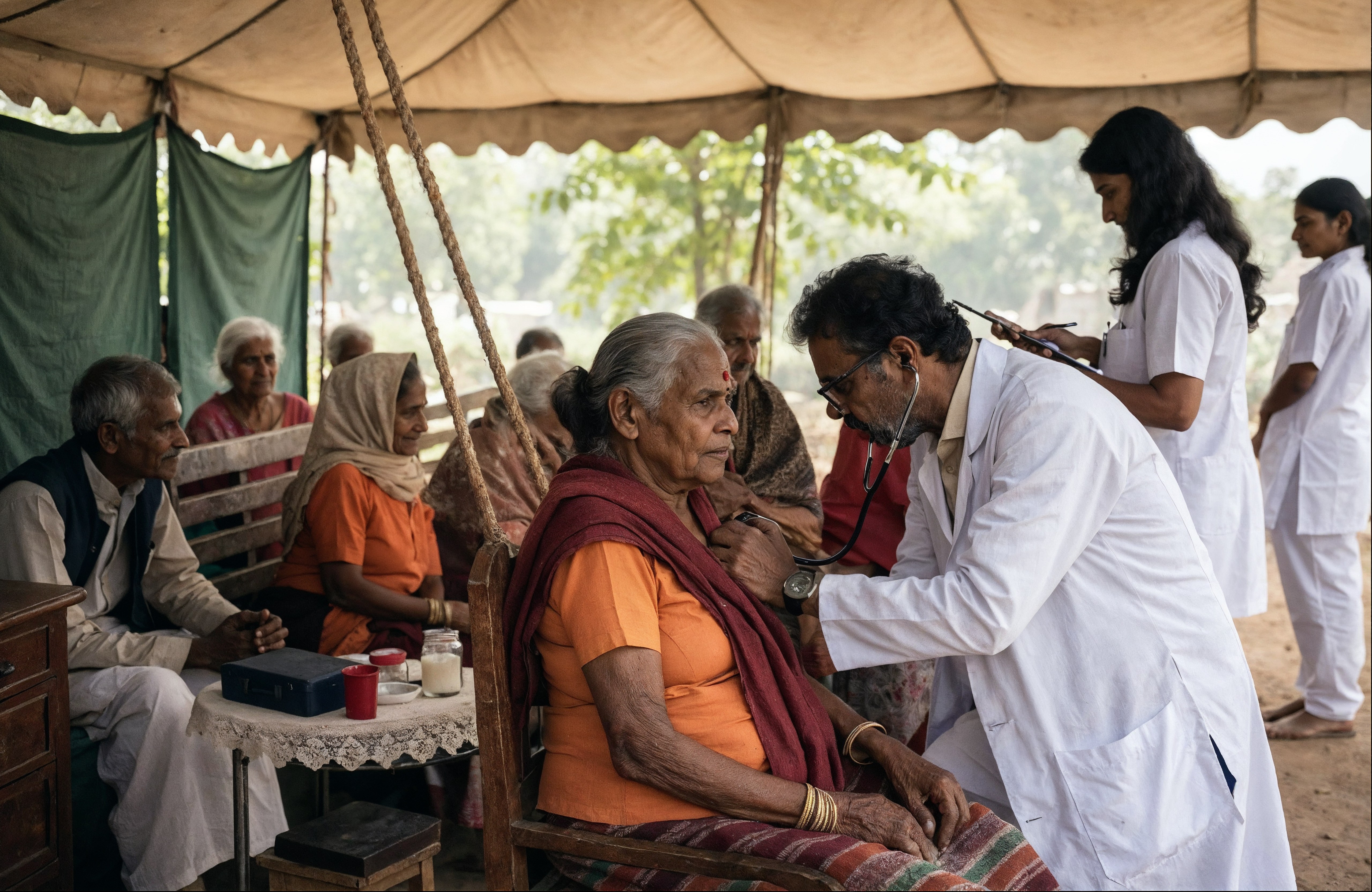 Indian doctor treating elderly patients at rural medical camp — PASALA Foundation